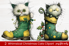 2 Whimsical Christmas Cats Clipart | Cute Festive Cat PNG Product Image 1