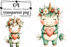 Whimsical Valentine Unicorn Clipart Watercolor PNG Product Image 1