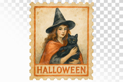 Halloween Witch Black Cat Stamp PNG Product Image 1