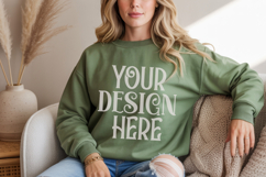 Gildan 18000 Military Green Crewneck Sweatshirt Mockups,G180 Product Image 1