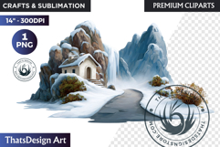 Watercolor Winter Landscape Snowy Cabin Illustration png Product Image 1