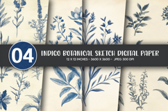 Indigo Botanical Sketch Digital Paper Product Image 1