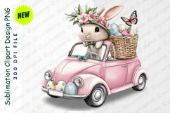 Easter Bunny Driving Pink Car With Basket Of Eggs And PNG Product Image 1