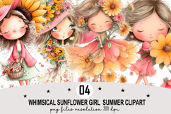 Whimsical Sunflower Girl Summer Clipart Watercolor png Product Image 1