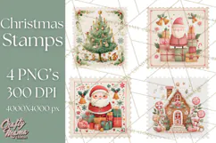 Vintage Christmas Stamp Clipart PNG Watercolor Product Image 1