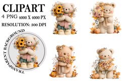 Whimsical Fall Teddy Bear Clipart Watercolor PNG Product Image 1