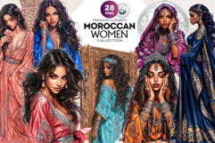 Moroccan Women in Caftan Clipart Set, Oriental arabic girl Product Image 1