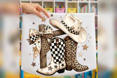 Western Cowgirl Boots PNG, Leopard Checkered Cowboy Hat Product Image 2
