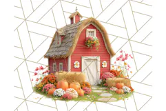 Fall Barn Clipart PNG With Pumpkins and Flowers, Autumn Png Product Image 4