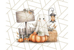 Watercolor Halloween Cottage Clipart, Ghosts &amp; Pumpkins Png Product Image 4