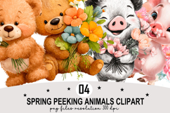 Whimsical Spring Peeking Animals Clipart Watercolor png Product Image 1