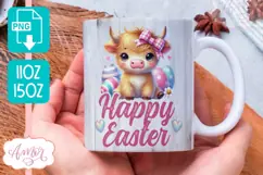 Happy Easter Mug Wrap PNG, Cute highland cow mug PNG Product Image 1