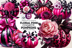 Floral Pink Coquette Pumpkins with bow PNG Set, Girly bow Product Image 1