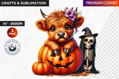 Highland cow Clipart, Halloween clipart, Pumpkin, autumn PNG Product Image 1