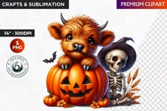 Highland cow Clipart, Halloween clipart, Pumpkin, skeleton Product Image 1