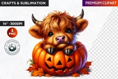 Halloween clipart, Highland cow Clipart, Pumpkin PNG Product Image 1