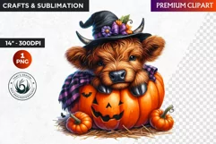 Highland cow Clipart, Halloween clipart, Pumpkin, autumn PNG Product Image 1