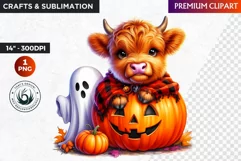 Highland cow Clipart, Halloween clipart, Pumpkin, autumn PNG Product Image 1