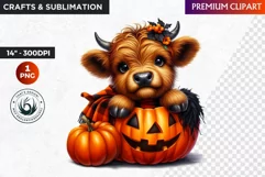 Halloween clipart, Highland cow Clipart, Pumpkin PNG Product Image 1