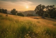 Golden sunrise over tranquil meadow Product Image 1