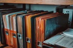 Archive of files organized on a shelf representing bureaucra Product Image 1