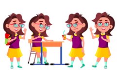 Girl Schoolgirl Kid Poses Set Vector. High School Child. Product Image 1