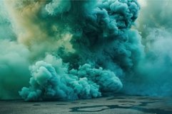 Turquoise and green smoke billowing over wet asphalt Product Image 1