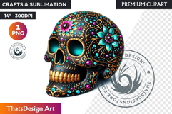 Floral Black Gold Sugar Skull Day of the Dead Clipart PNG Product Image 1