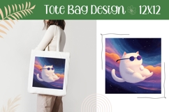 White Cat Illustration, Night Sky Tote Bag, Funny Cat PNG Product Image 1