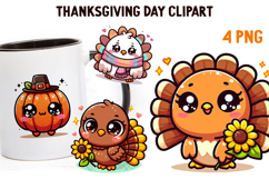 Cute Kawaii Thanksgiving Clipart | Fall Pumpkin Turkey PNG Product Image 1