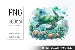 Floral Sea Turtle Clipart, Watercolor Sea Turtle PNG File Product Image 1