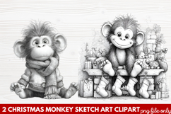 Christmas Monkey Sketch Art Clipart | Hand-Drawn Holiday Product Image 1
