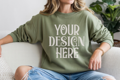 Military Green Gildan 18000 Mockup, Sweatshirt Crewneck Mock Product Image 1