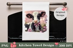 Cute Cow Kitchen Towel Template, Flowers Towel PNG Product Image 1