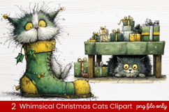 2 Whimsical Christmas Cats Clipart | Cute Festive Cat PNG Product Image 1