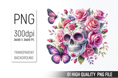 Sugar Skull Clipart PNG, Sublimation Skull Flowers Product Image 1