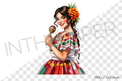 Beautiful Mexican woman in traditional fiesta dress PNG art Product Image 1