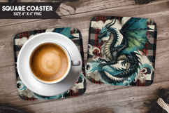 Dragon, Fantasy &amp; Whimsy, Buffalo Plaid Square Coaster PNG Product Image 1
