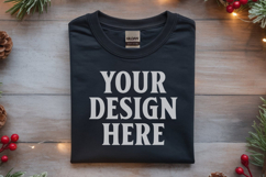 Gildan 64000 Black Folded Christmas Flat Lay T-shirt Mockup Product Image 1