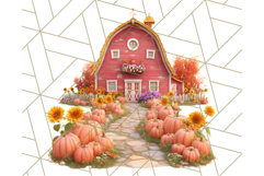 Fall Barn Clipart PNG With Pumpkins and Flowers, Autumn Png Product Image 5