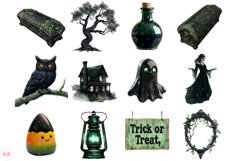 Antique Green Halloween Set Clipart Product Image 5