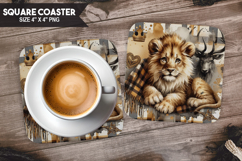 Lion, Wild Animals, Buffalo Plaid Square Coaster PNG Product Image 1