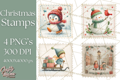 Vintage Christmas Stamp Clipart PNG Watercolor Product Image 1