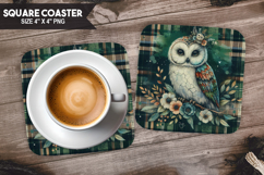 Cute Owl, Woodland Animals, Buffalo Plaid Square Coaster PNG Product Image 1
