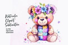watercolor cute kawai teddy bear patchwork patterned clipart Product Image 1