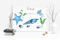 Watercolor Clipart Sea Animals Blue jellyfish, sea shell . Product Image 2