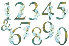 Watercolor Foliage Alphabet & Numbers Turquoise Gold Clipart Product Image 3