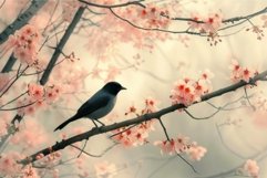 Delicate Small bird on tree branch with flowers. Generate ai Product Image 1