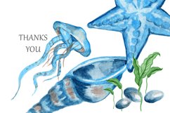 Watercolor Clipart Sea Animals Blue jellyfish, sea shell . Product Image 3