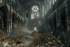 Abandoned gothic cathedral interior with overgrown vegetatio Product Image 1